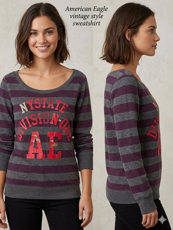 American Eagle Outfitters Tops - American Eagle NY State Division One Gray/Purple Striped Sweatshirt Size Small